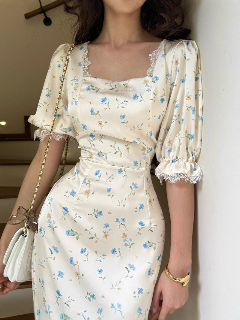 satin print lace maxi dress