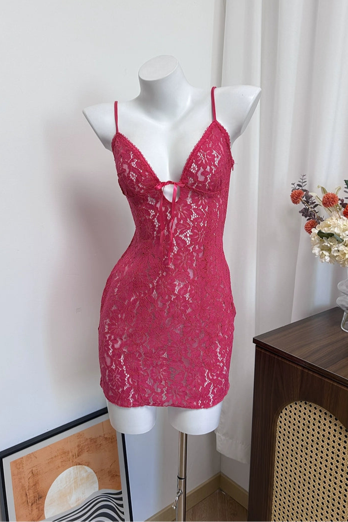 rose pink lace suspender see-through wrapping hips dress