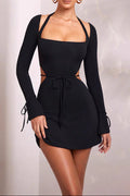 Long-sleeved square neck bell sleeve tie mini dress