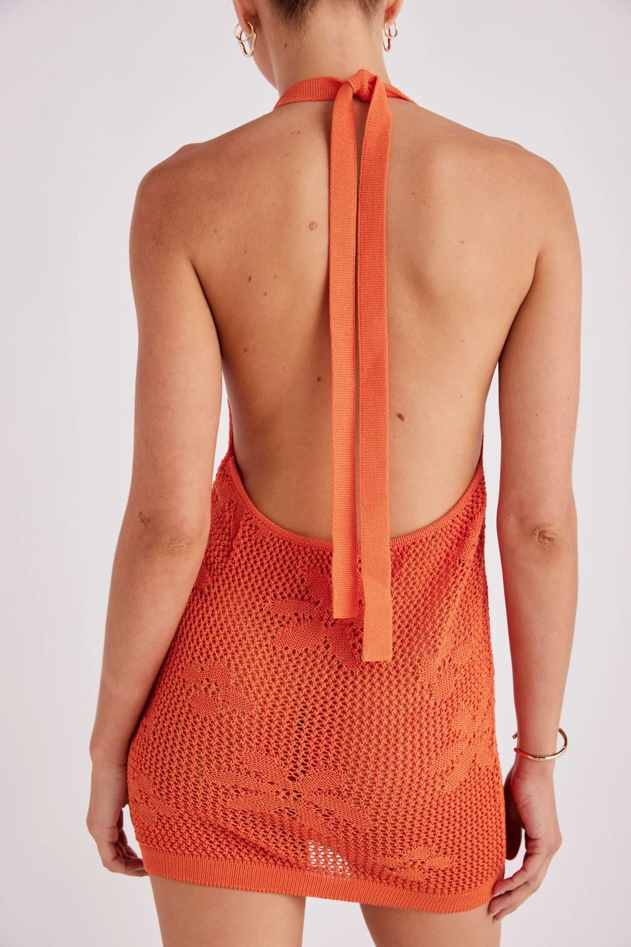 orange hollow sleeveless halterneck dress