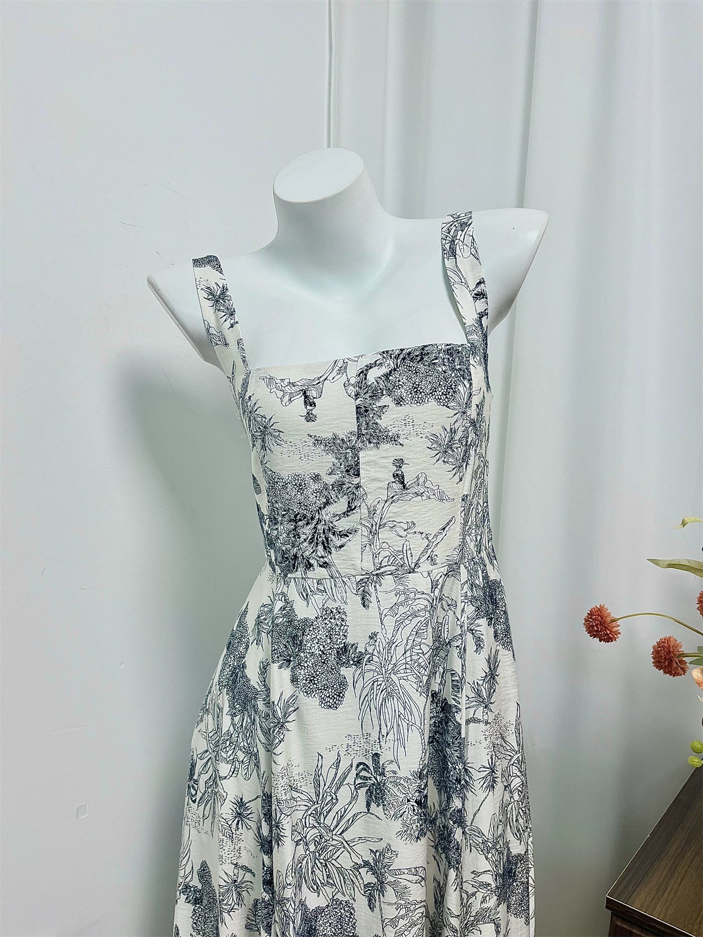 two-tone forest print square neck slip dress