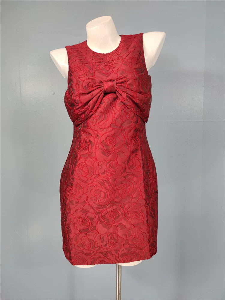 burgundy bow jacquard mini dress