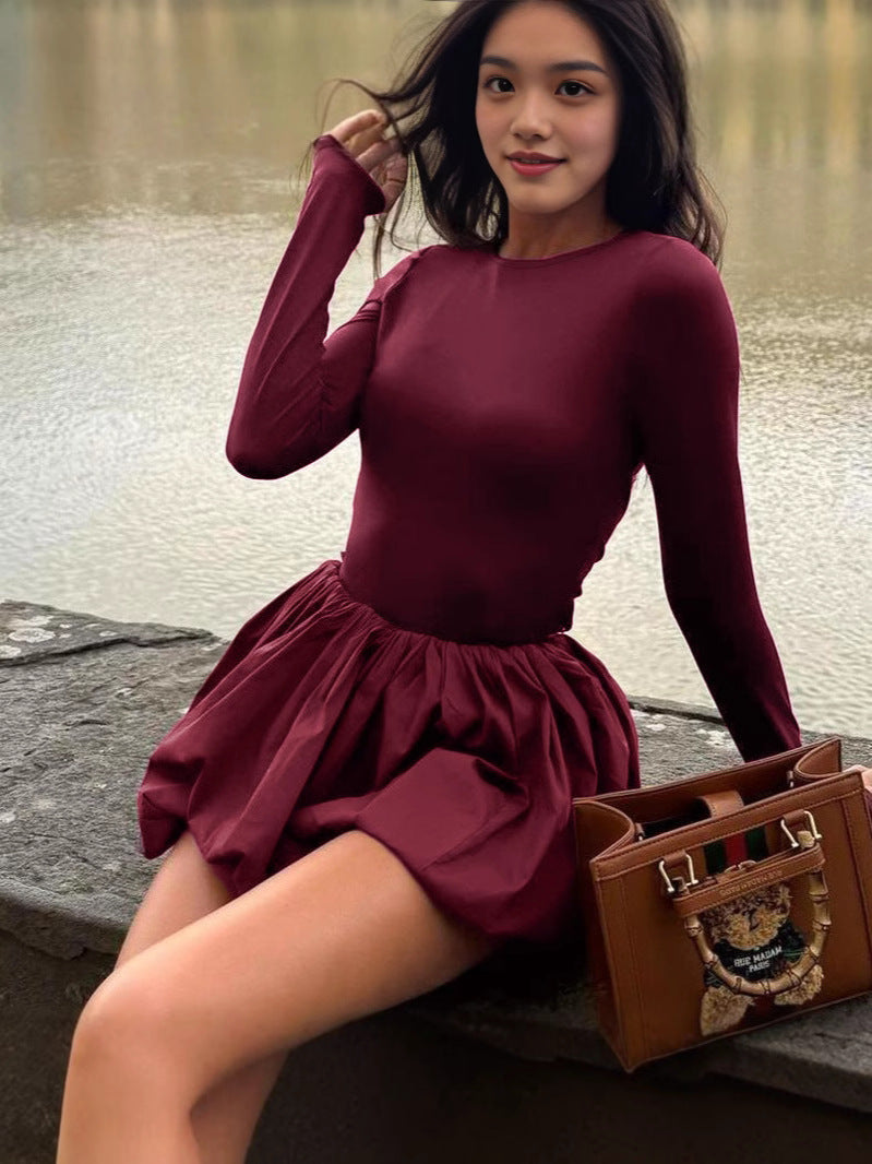 red Flower bud backless long-sleeved mini dress