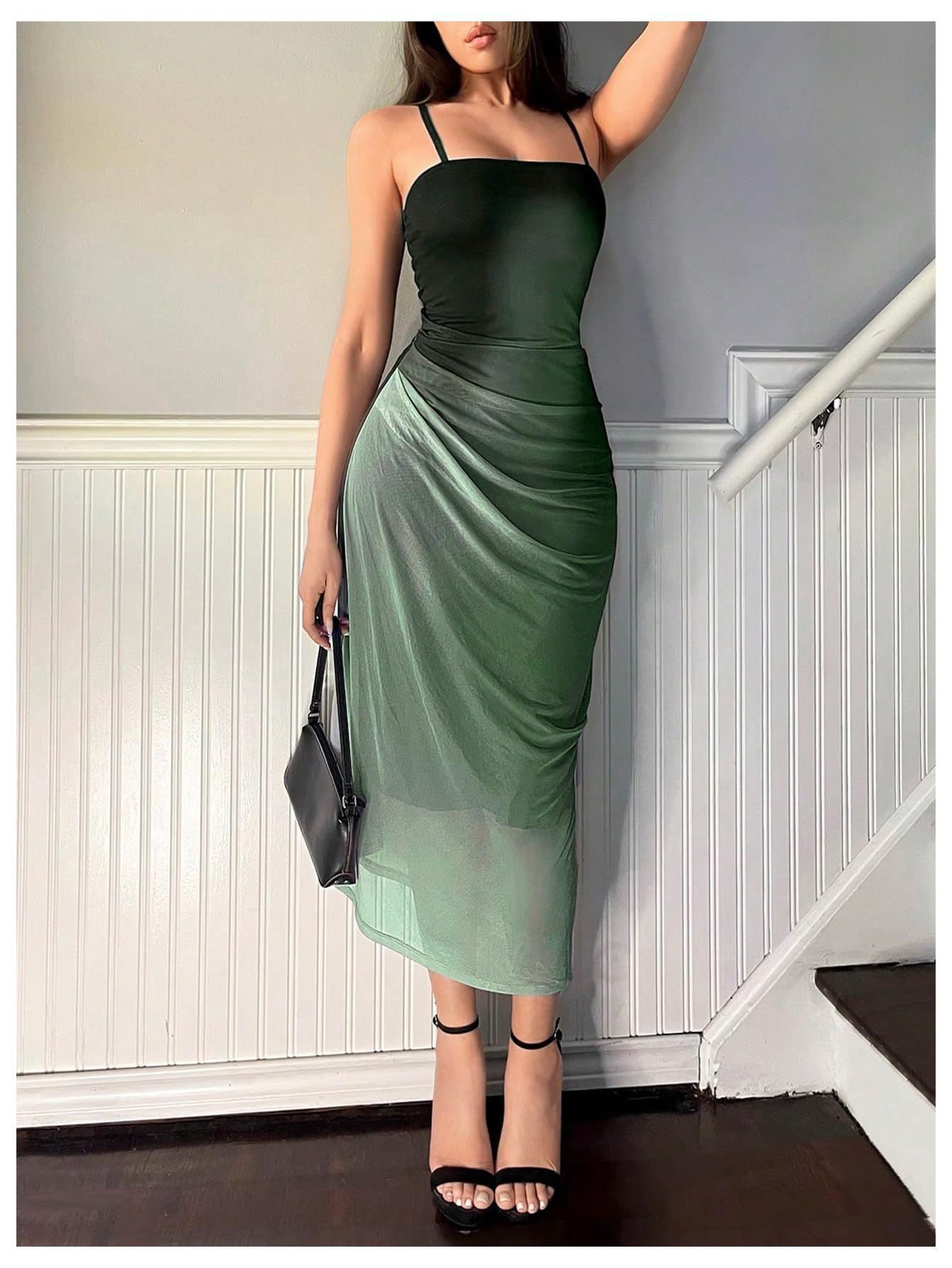 green Mesh Suspender Backless Dress