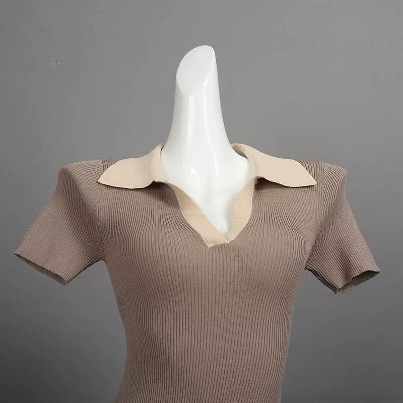 knitted short contrast slim A-line dress