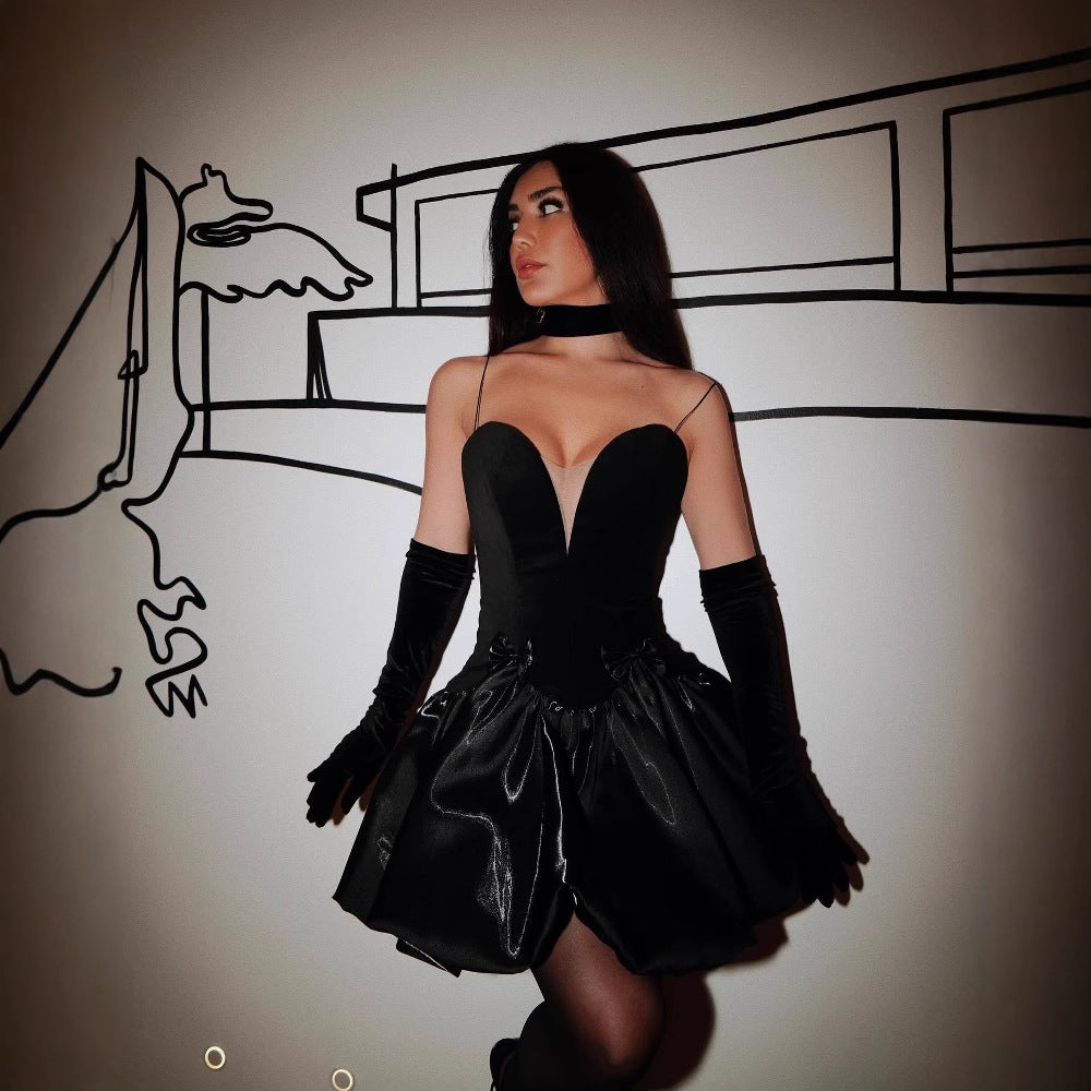 doris black Strapless puff mini dress