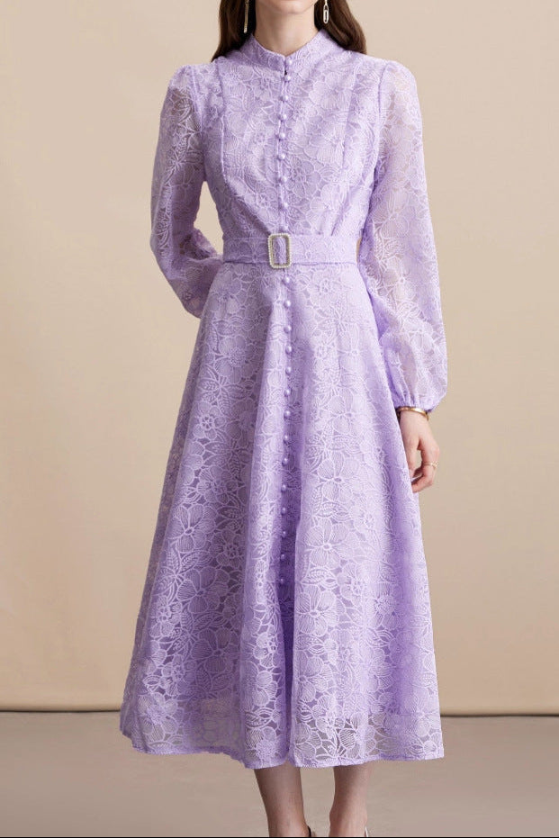 Lace embroidered stand-up collar single-breasted full skirt dress