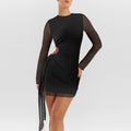 black Round neck long-sleeved mesh-paneled mini dress