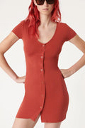 Brick red V-neck short-sleeved knitted dress