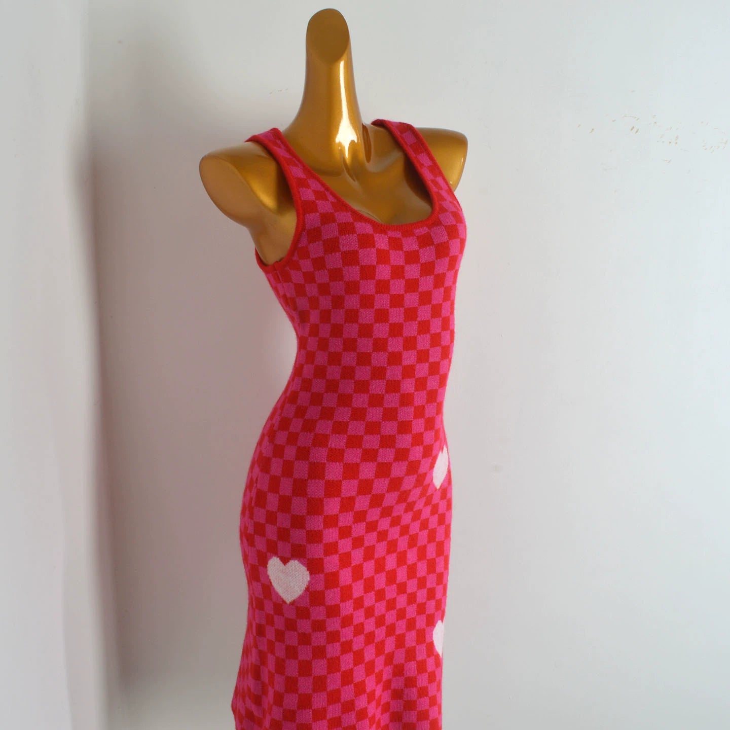 pink suspender checkerboard midi dress