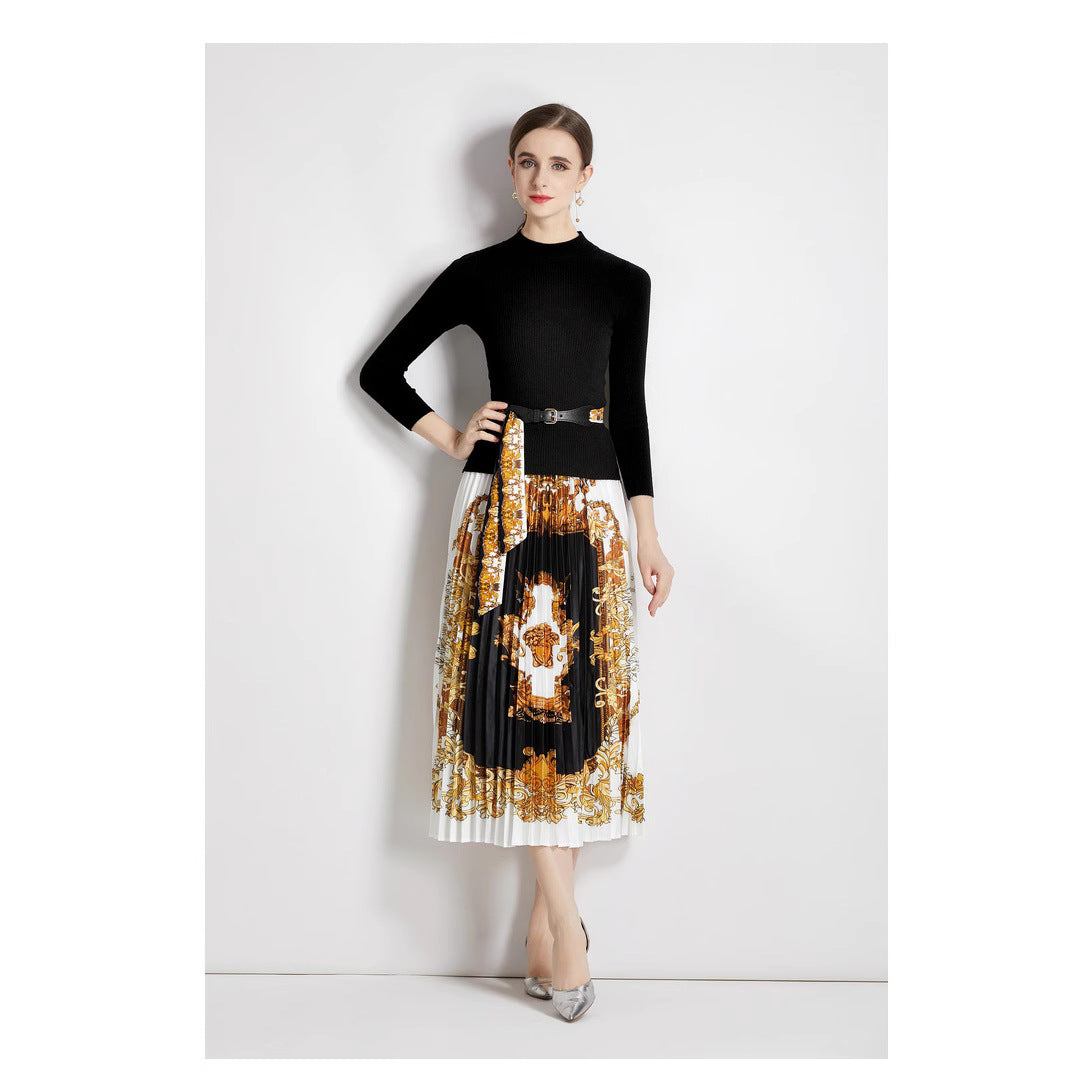 Two-piece knit top and printed pleated skirt set