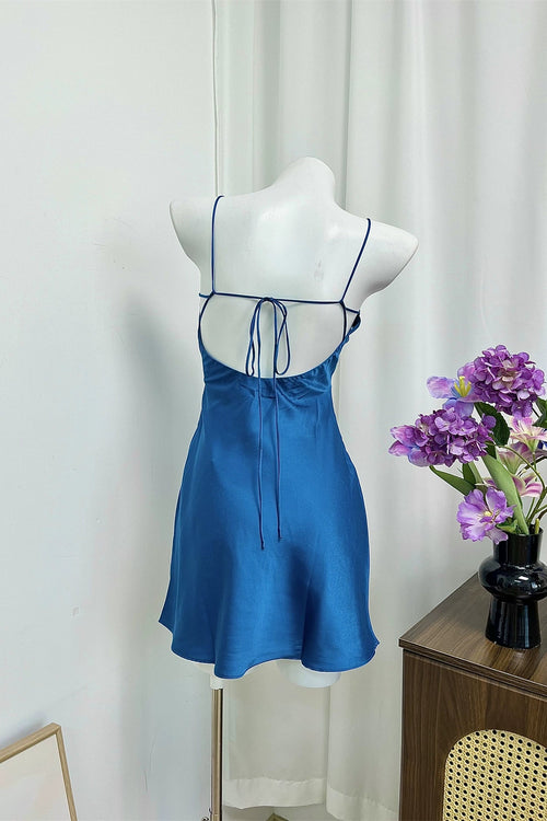 Blue Back Tie Rope Slip mini Dress