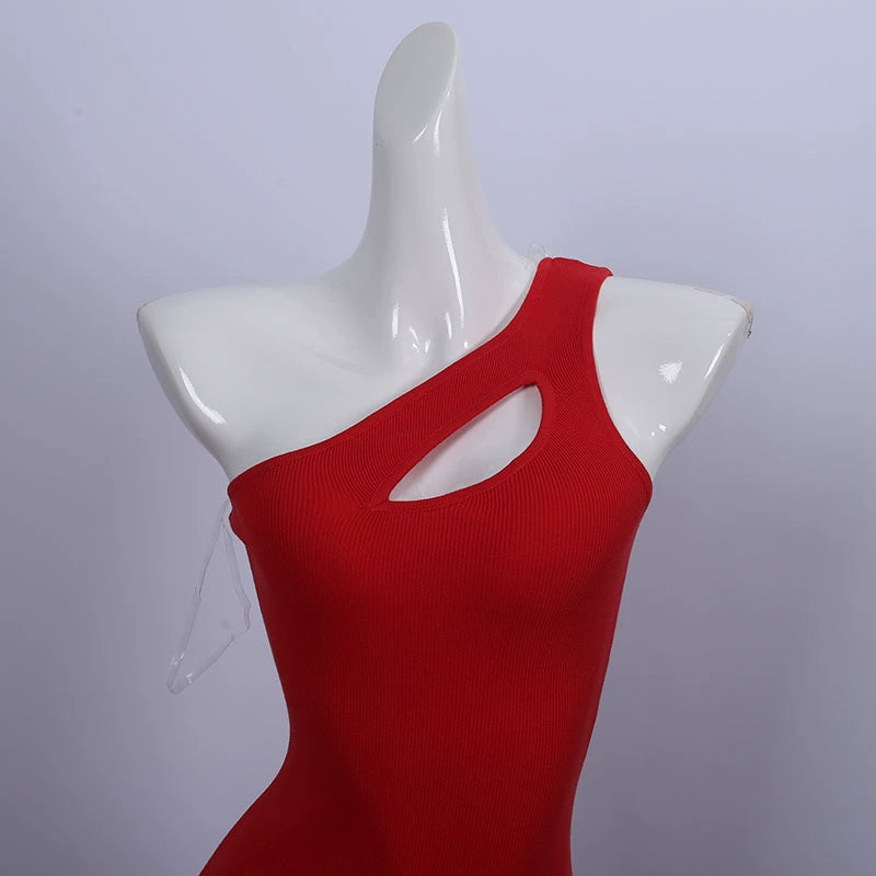 hollow slanted shoulder knitted suspender dress