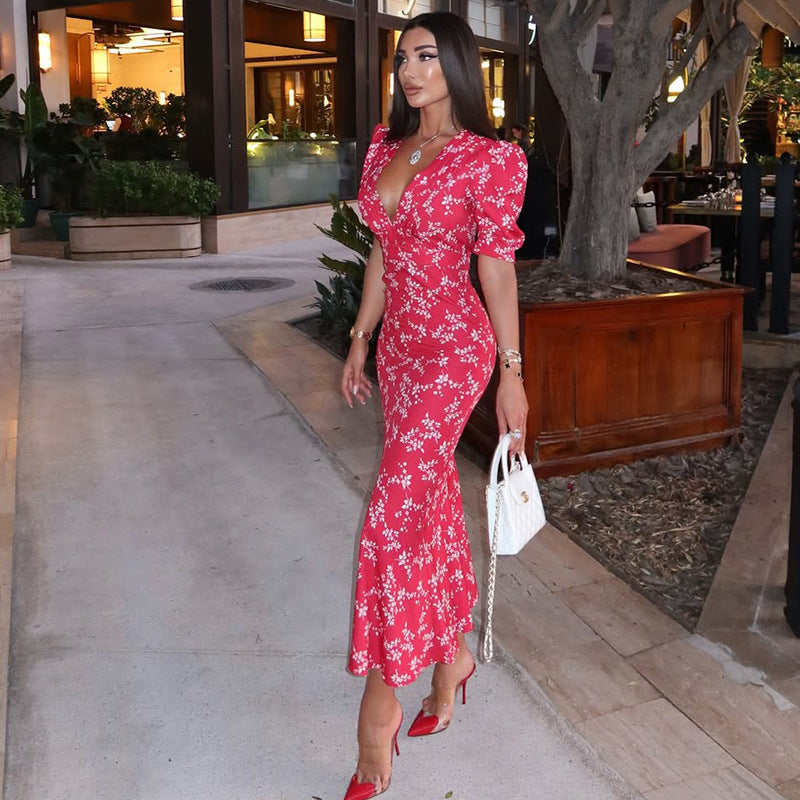 red puff sleeve floral dress