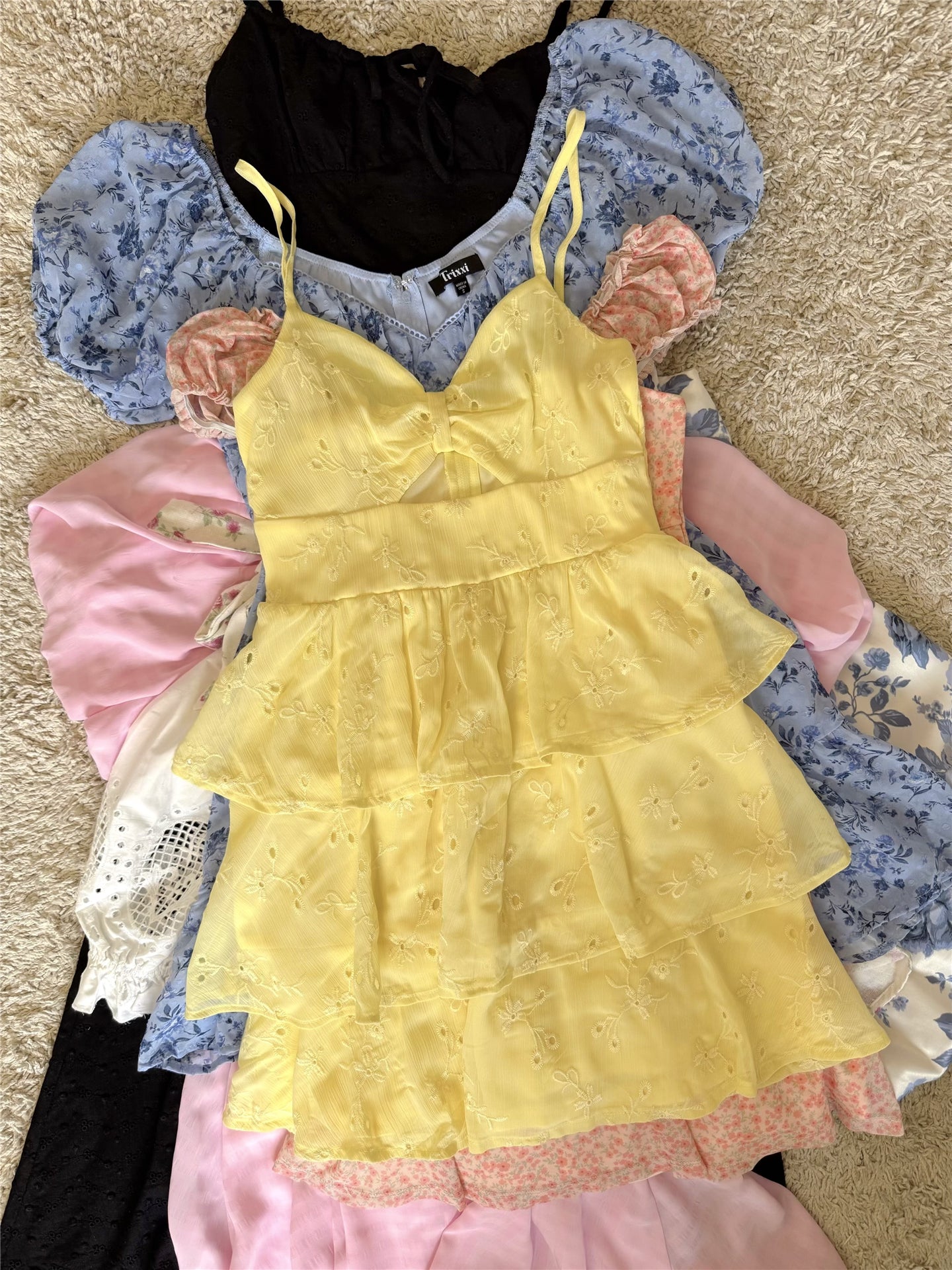 yellow floral embroidery slip mini dress
