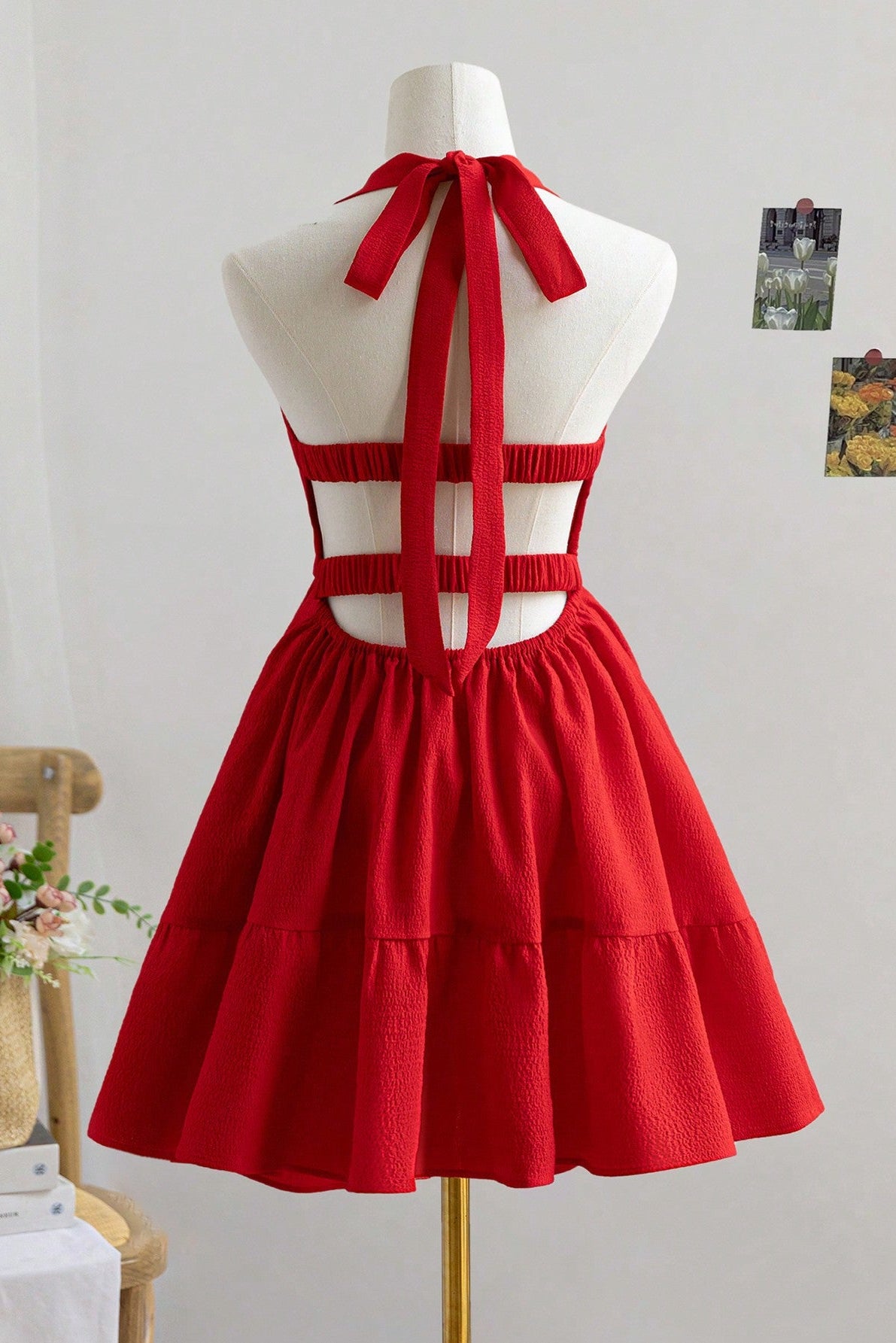 mona Red halter-neck backless mini dress