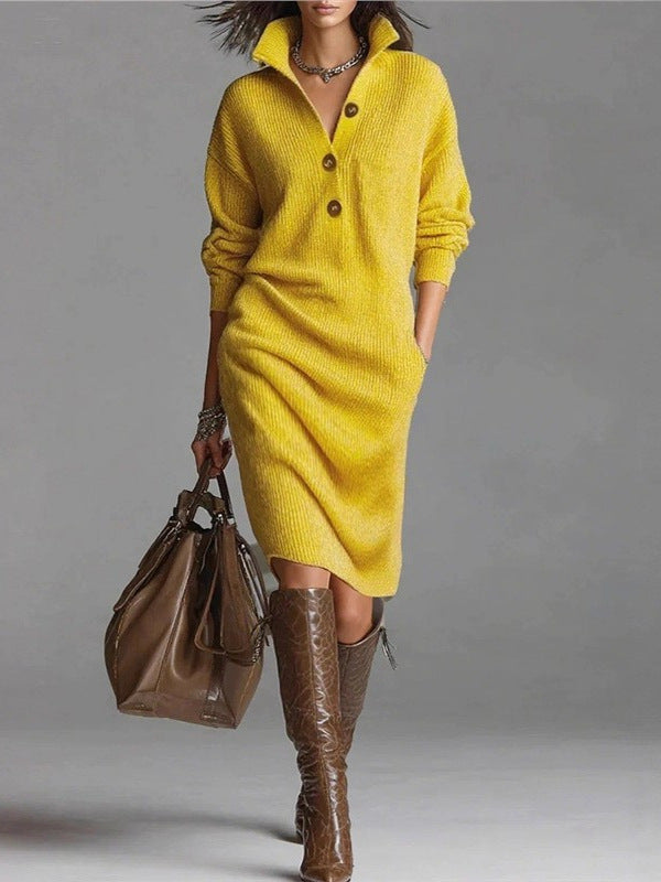 Button-down collar straight knit sweater midi dress