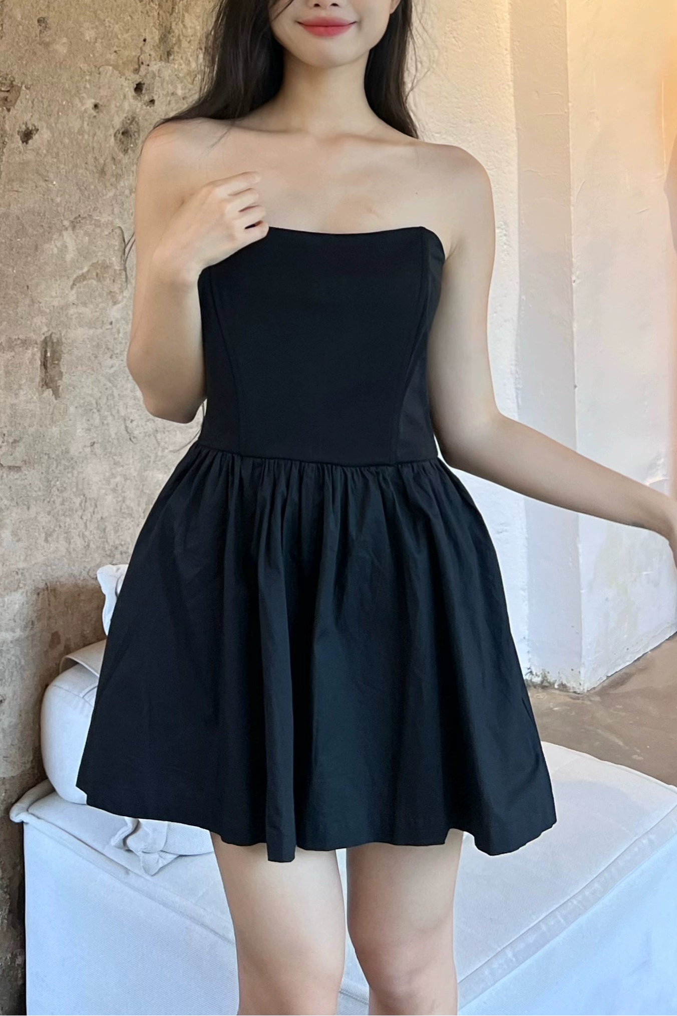 black fishbone shaping pinch pleats waist bandeau dress