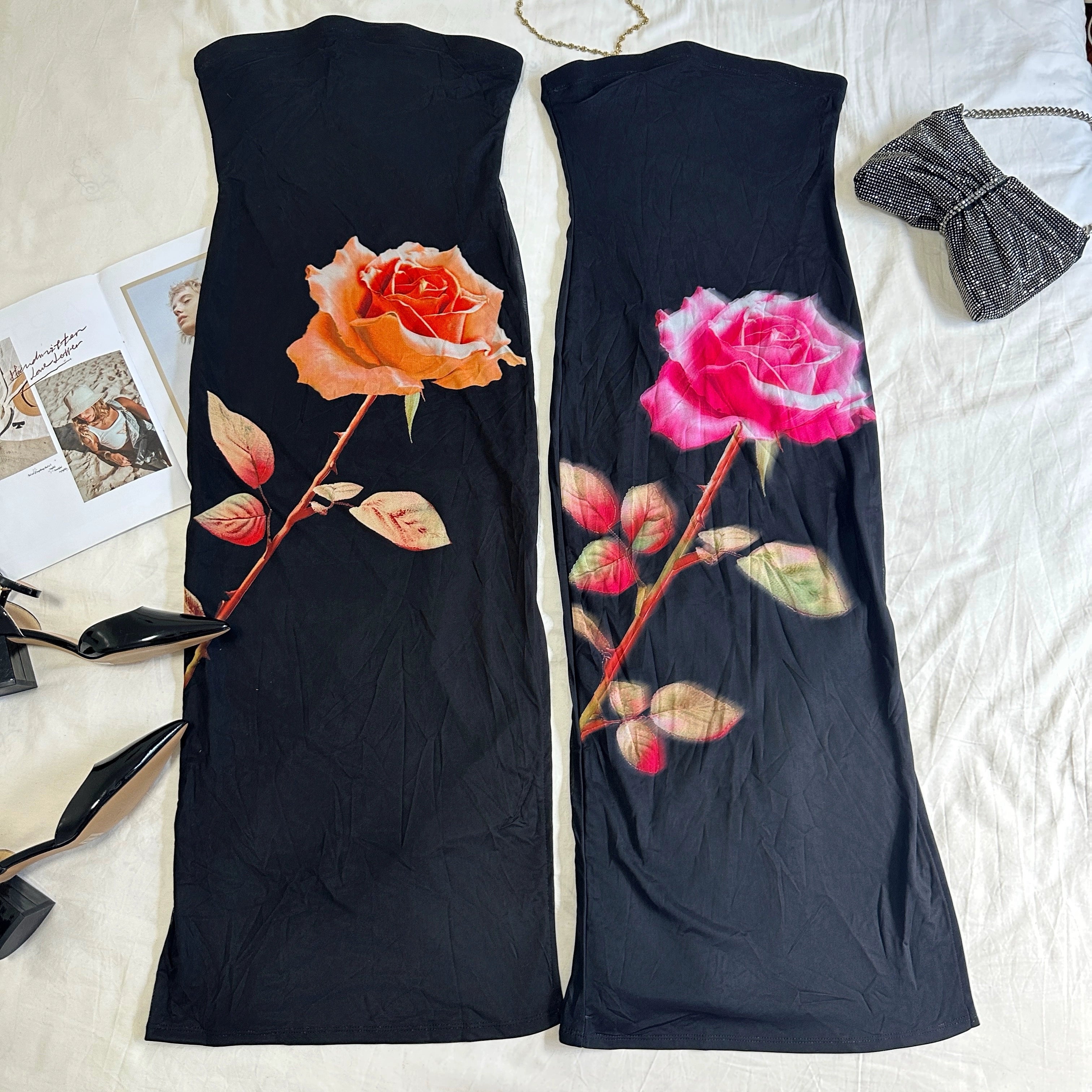 Mesh Print Slit Strapless Stretch Dress