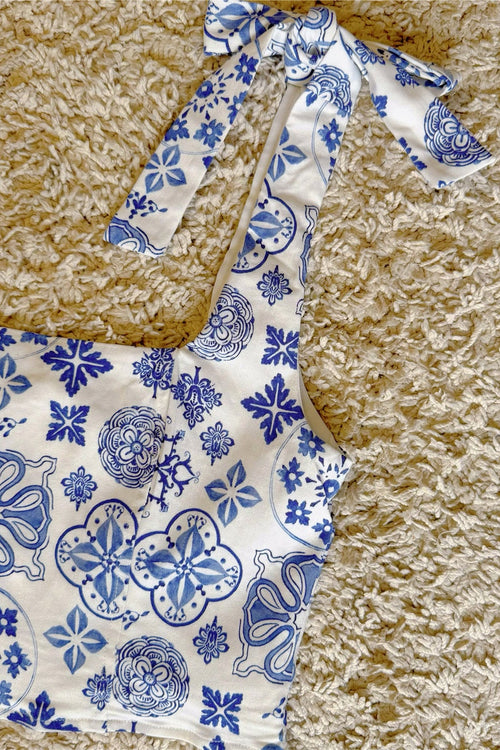 blue and white printed bow high-waisted short vest