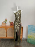 Gold Metallic Maxi Dress High Slit Gown
