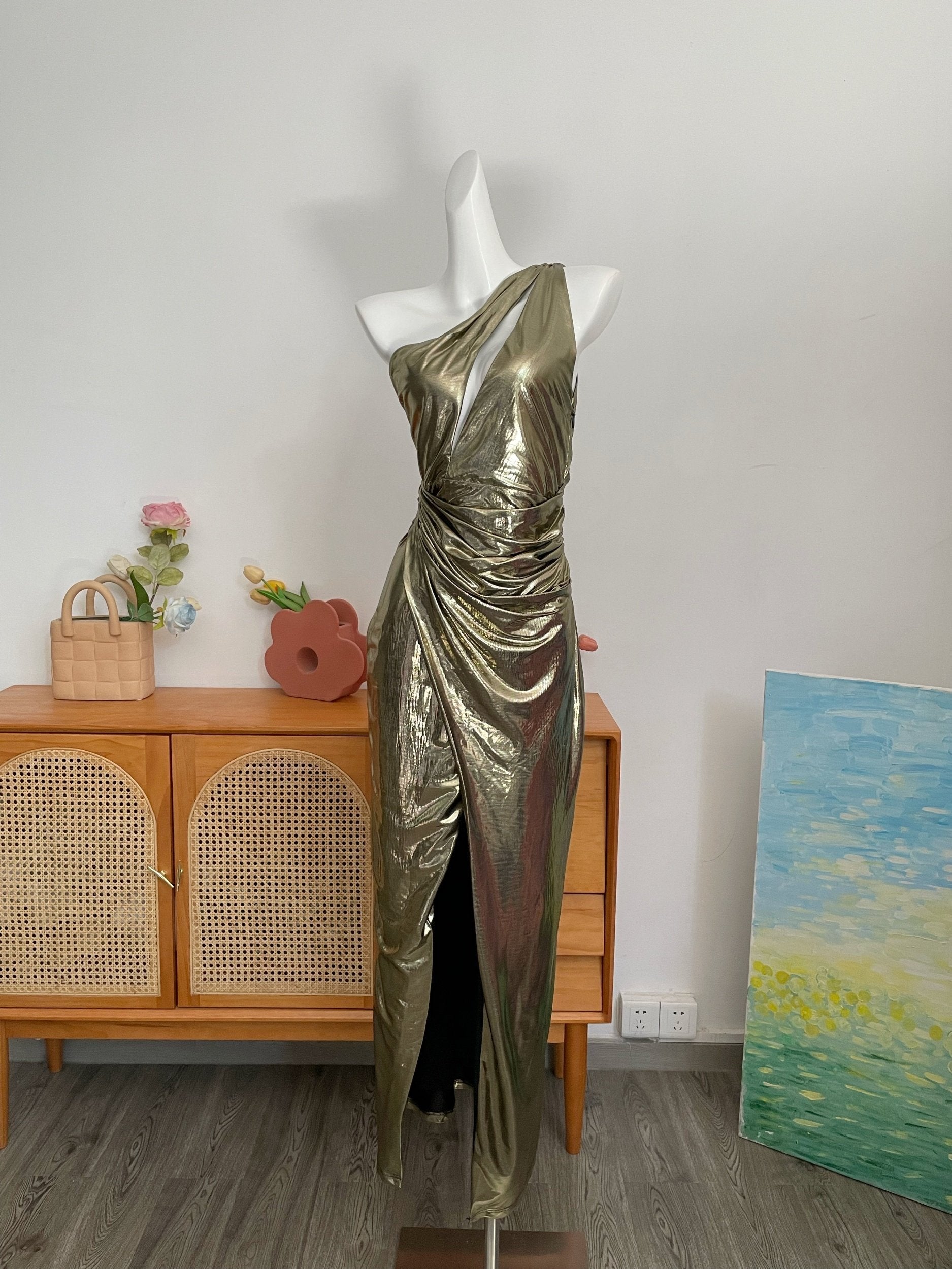 Gold Metallic Maxi Dress High Slit Gown