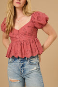 red embroidered V-neck short-sleeved shirt