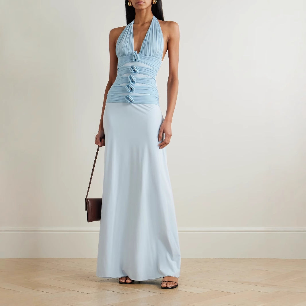 blue Floral backless halter neck tie maxi dress