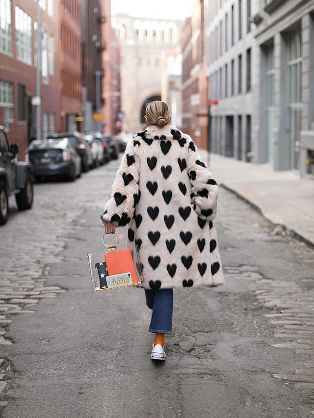 Heart-shaped faux fur thick long coat