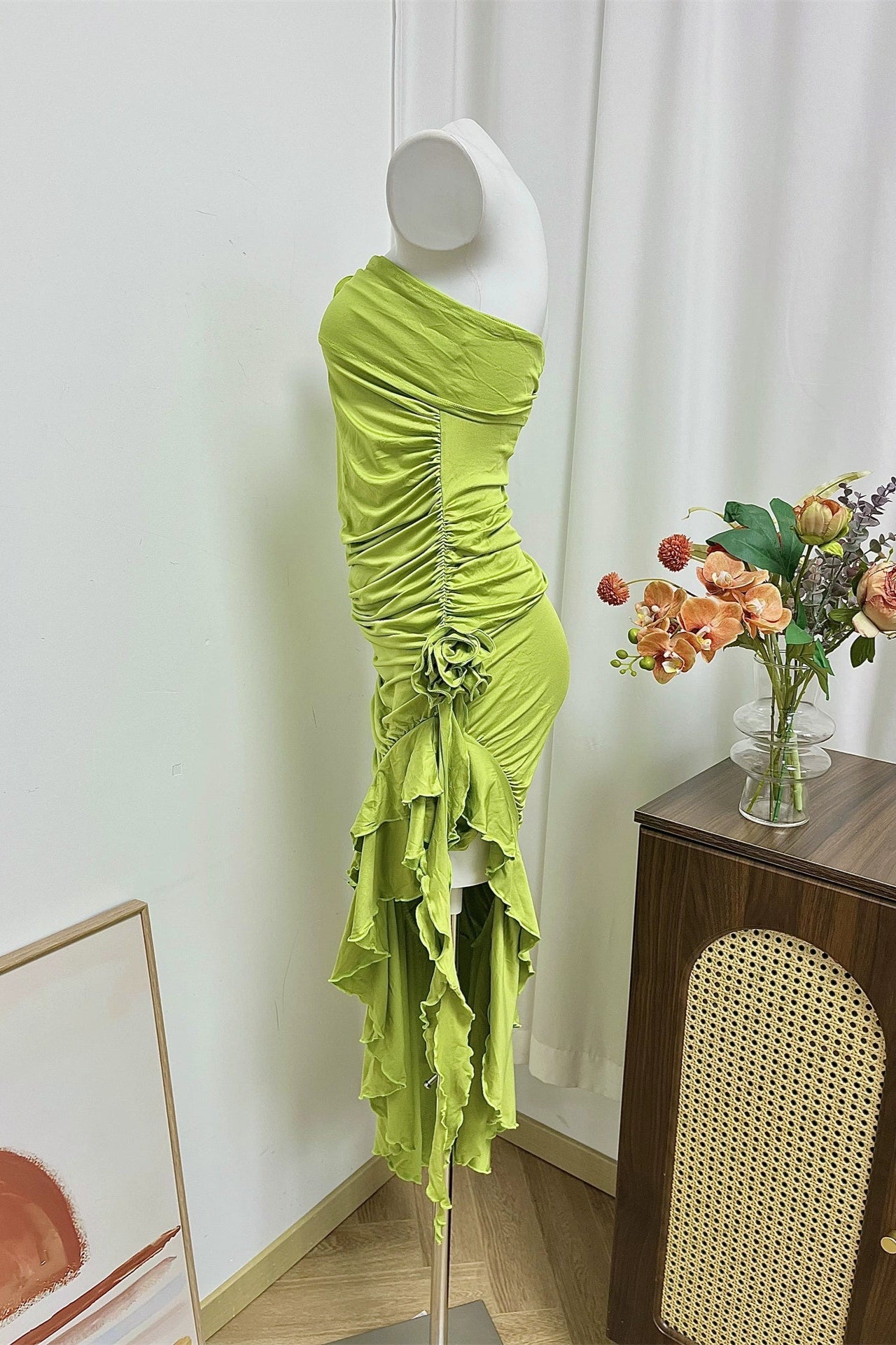 green flower side slit ruffled dress