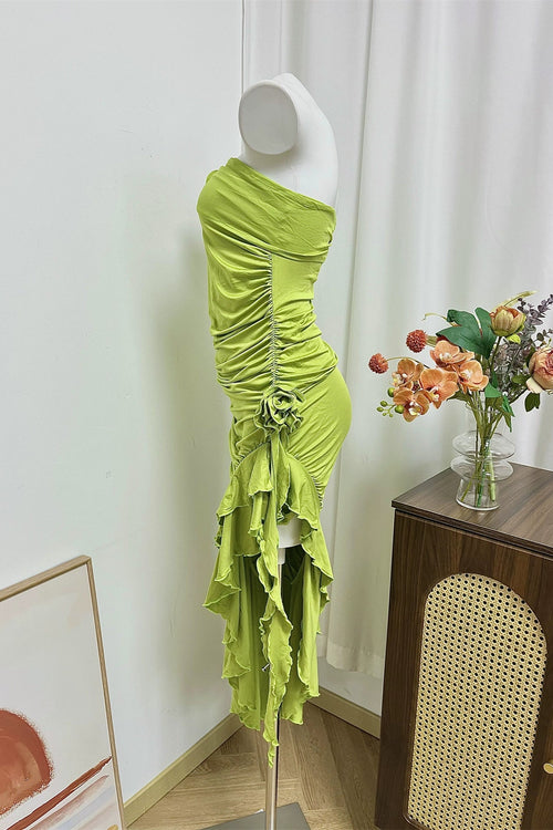 green flower side slit ruffled dress