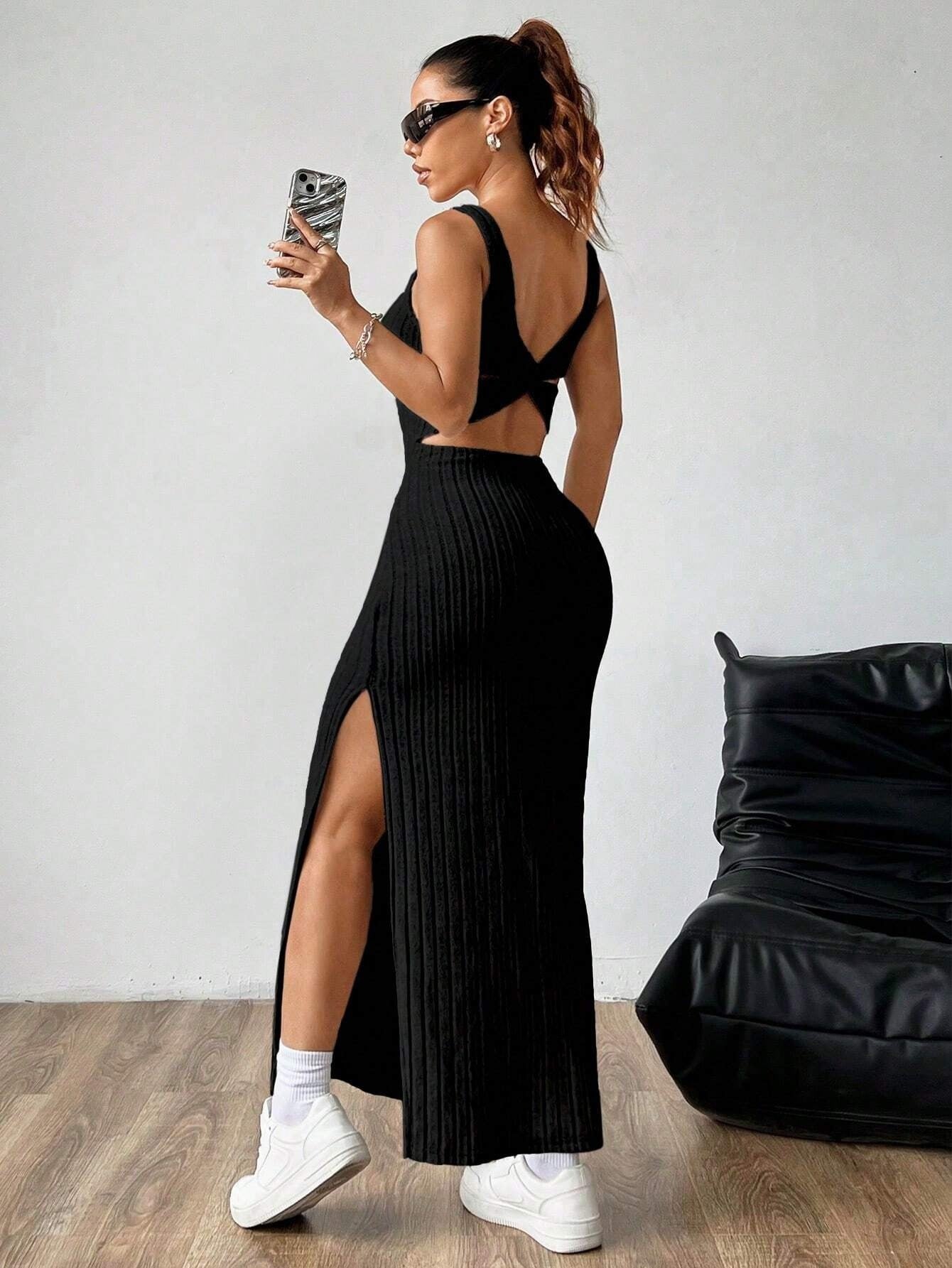 black High-waisted halter-neck slit maxi skirt