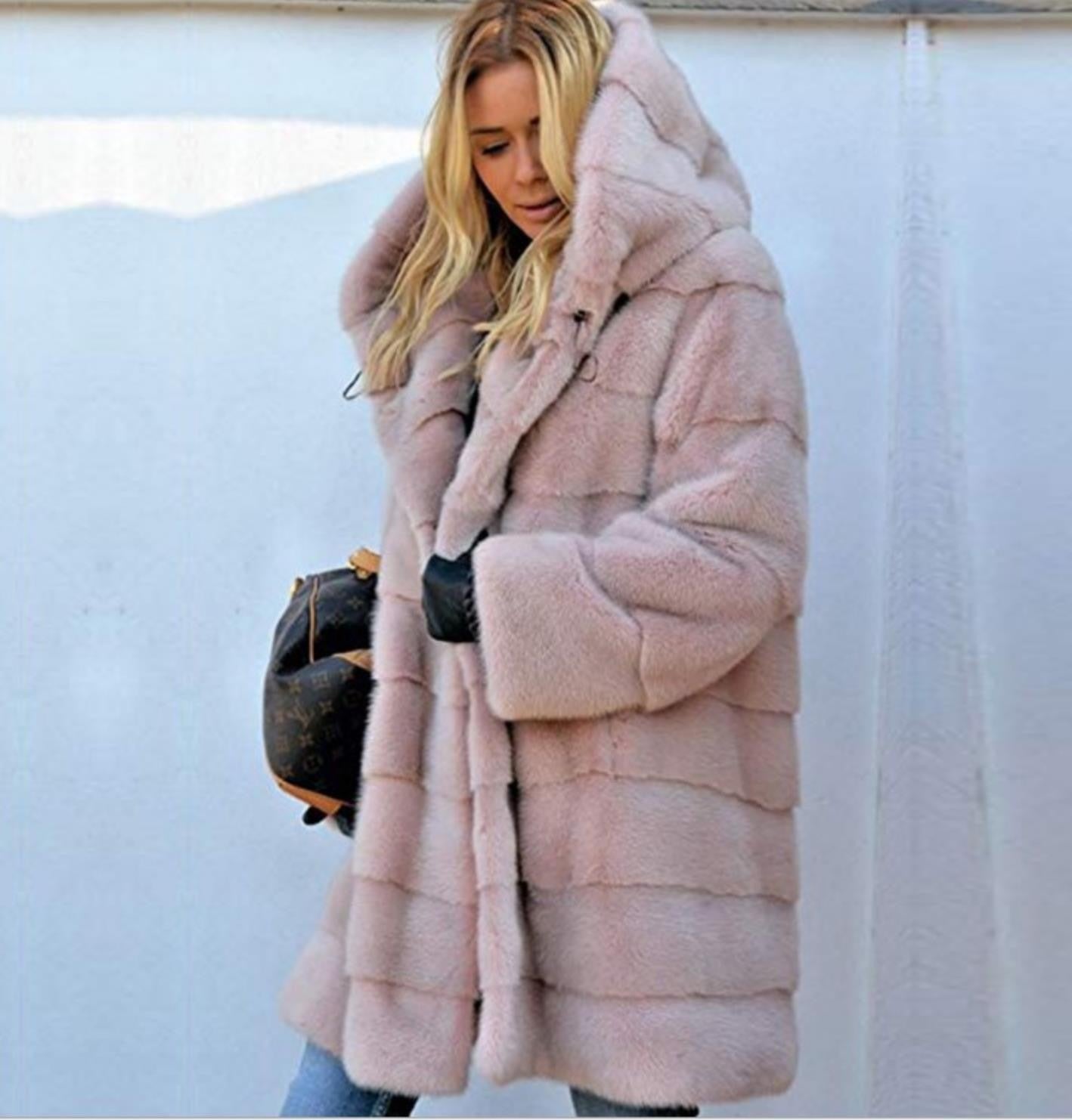 Solid Color Long Sleeve Faux Fur Hooded Warm Fur Jacket