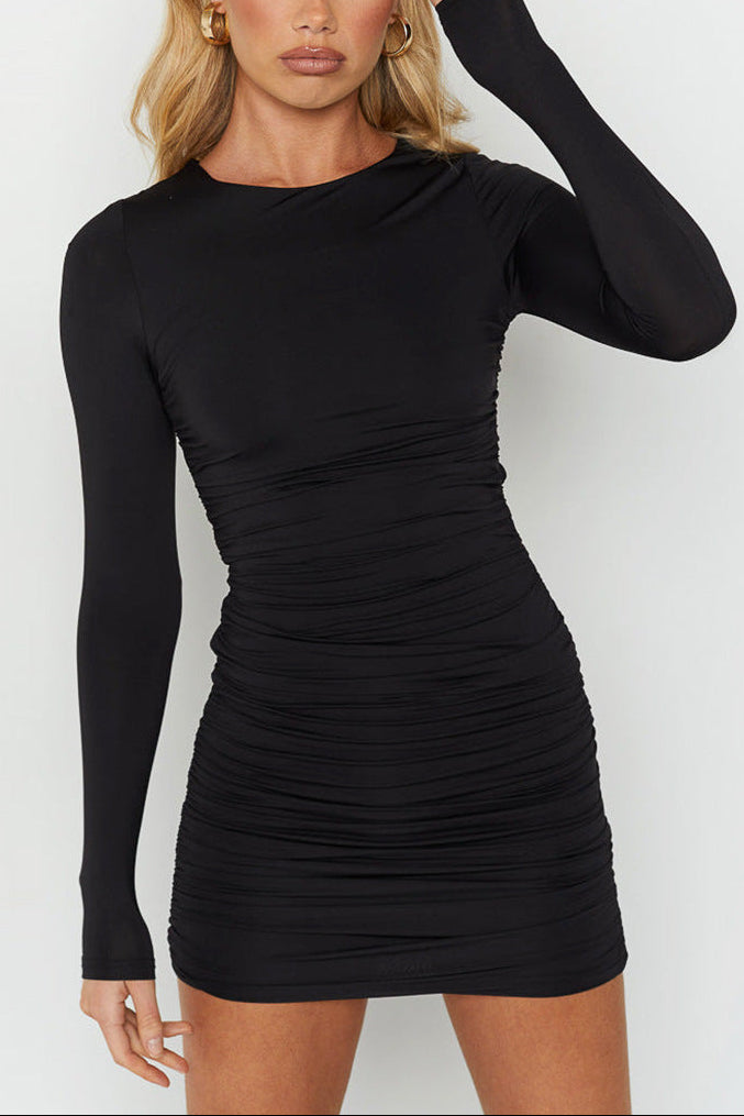 Long-sleeved round neck backless tie-up bodycon dress
