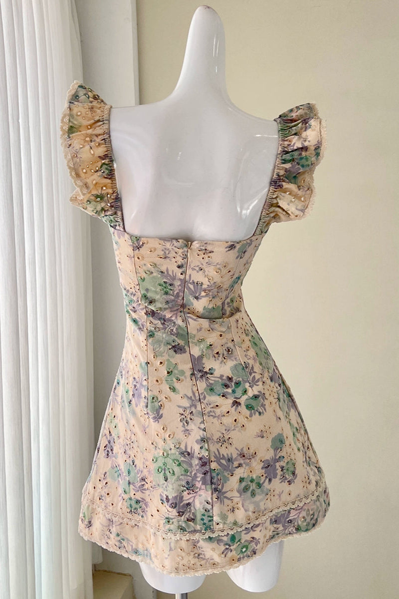 print flying sleeves cutout bow dress