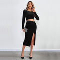 Black openwork slit bodycon long-sleeved velvet mini dress