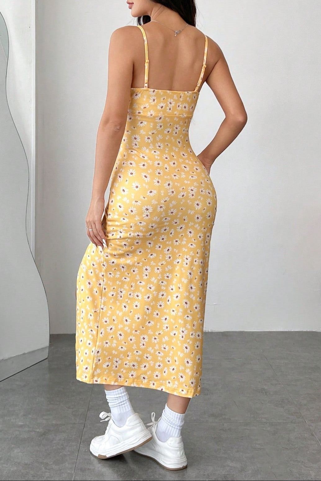 yellow Strapless bralette slit floral print midi dress