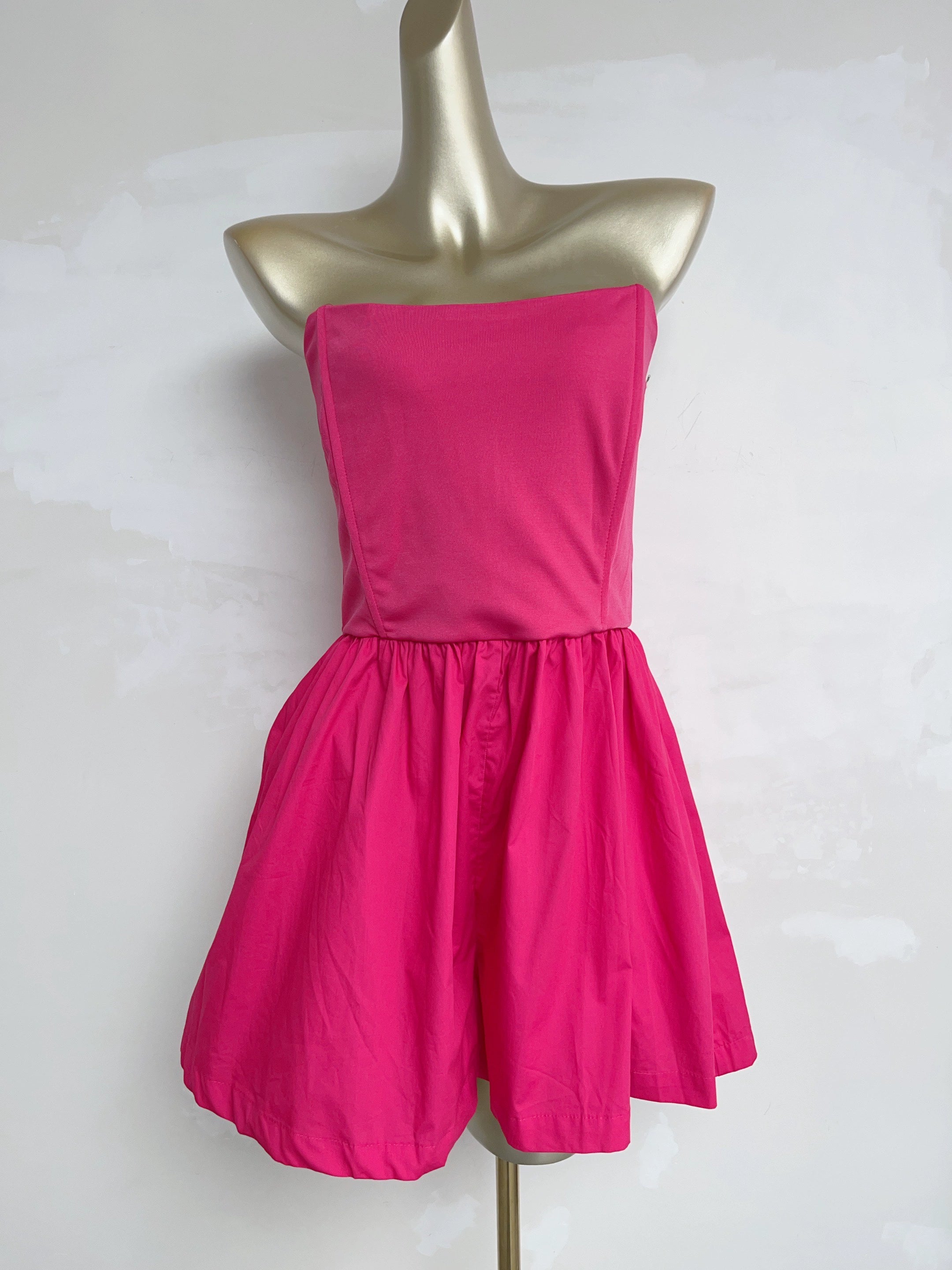 rose red fishbone shaping pinch pleats waist bandeau dress