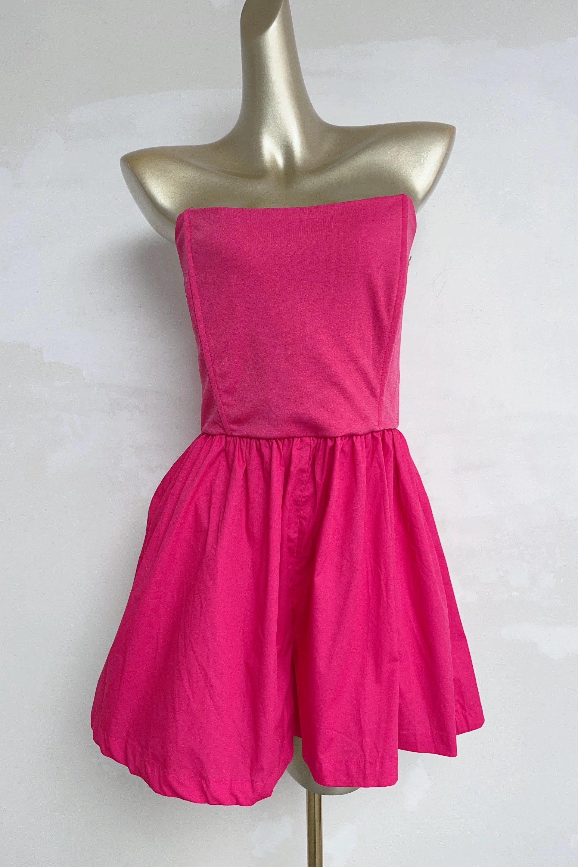 rose red fishbone shaping pinch pleats waist bandeau dress