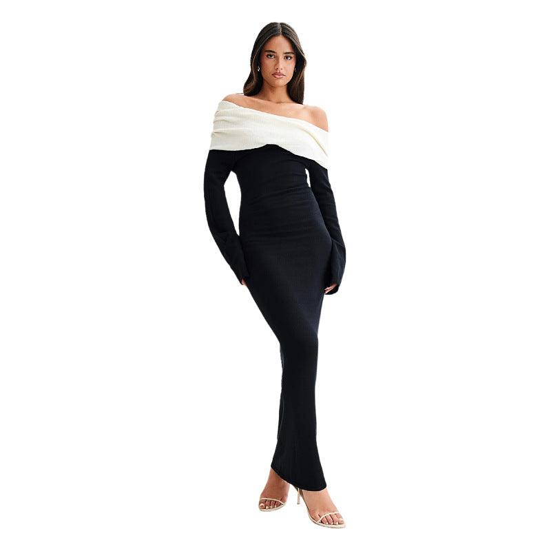 black Off-the-shoulder long-sleeved maxi dress