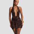 leopard print deep V open back streamer mini dress