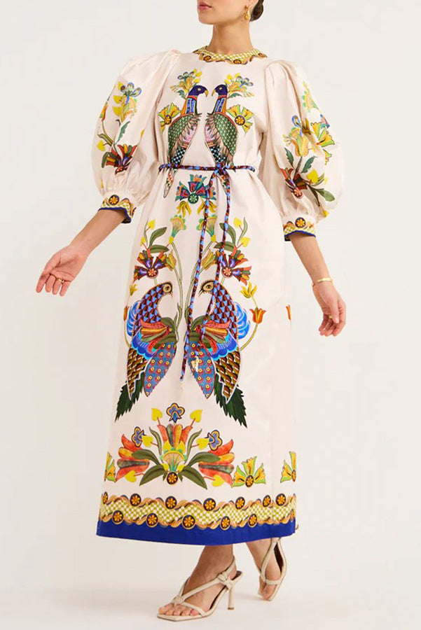 Printed peacock three-quarter sleeve round neck dress