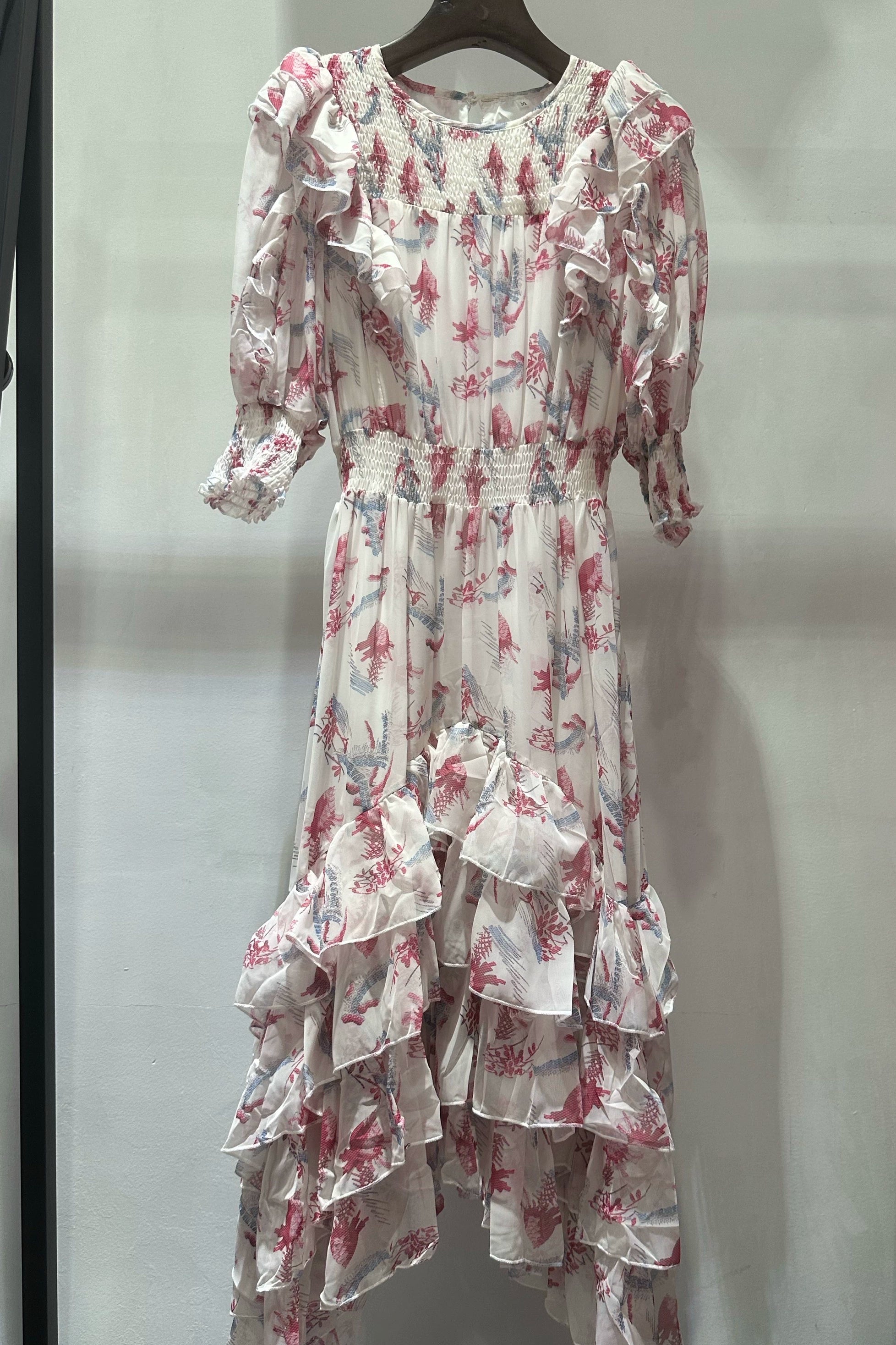 pink ruffled elastic midi dress