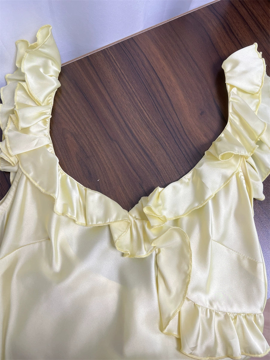 yellow Satin Ruffled V-Neck Backless Slip Dress