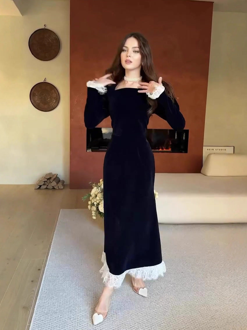 black long-sleeved waist-cinching dress