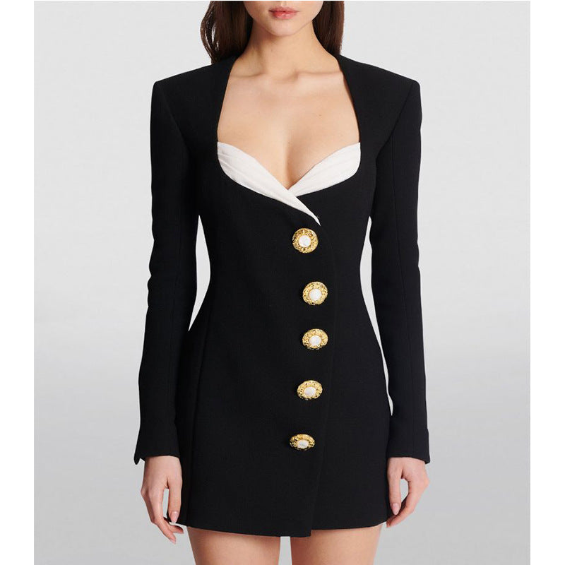 Long-sleeved square neck color-blocked slim-fit bodycon dress