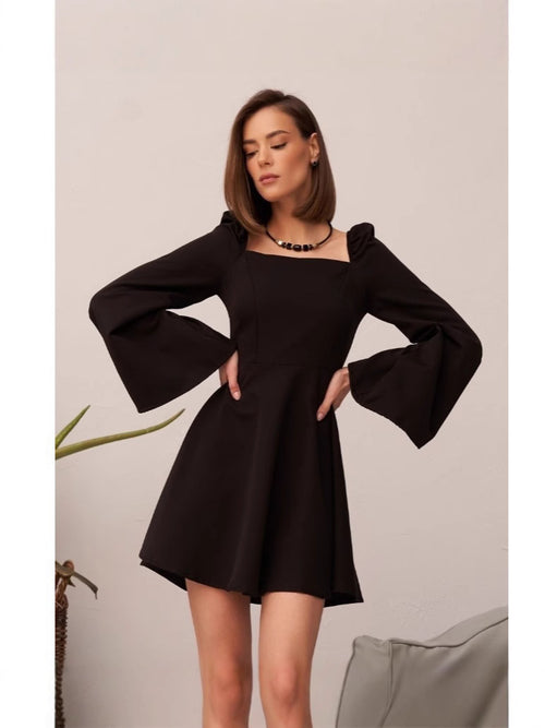 black square neckline puff sleeve mini dress