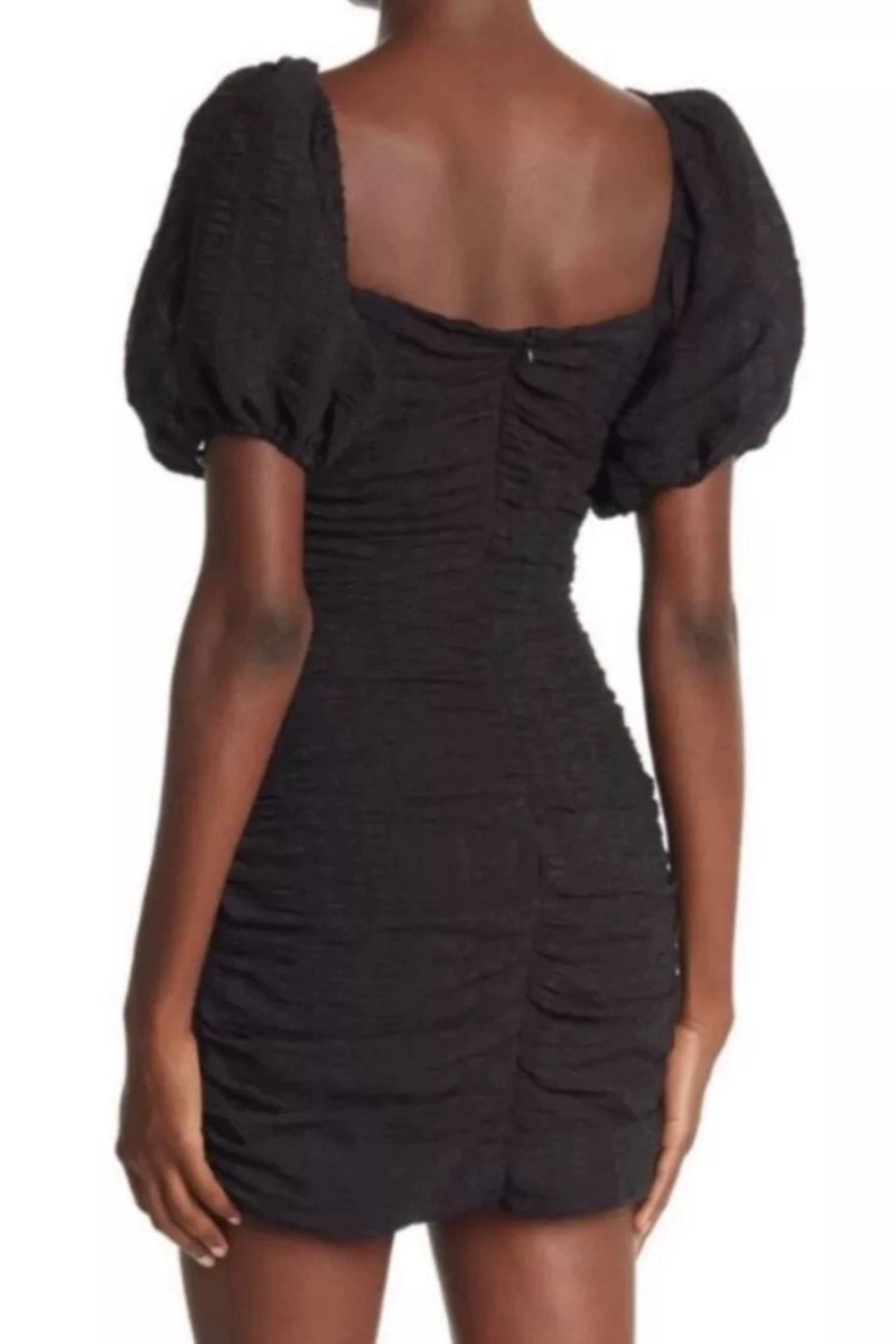 black pleats bubble lantern short sleeve dress