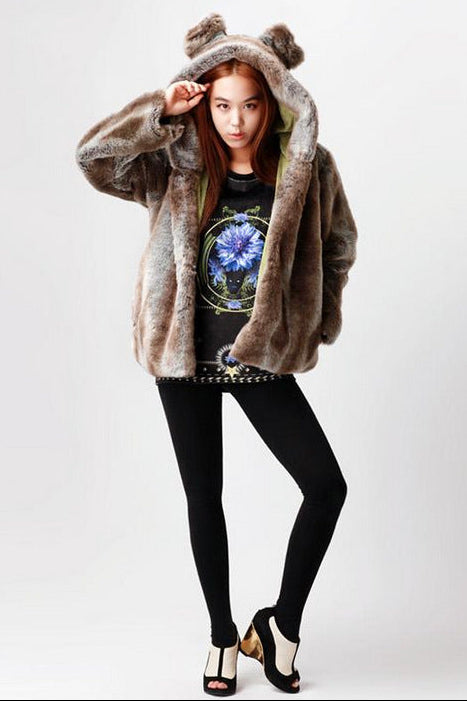 Faux Fur Jacket Bear Ears Cartoon Jacket