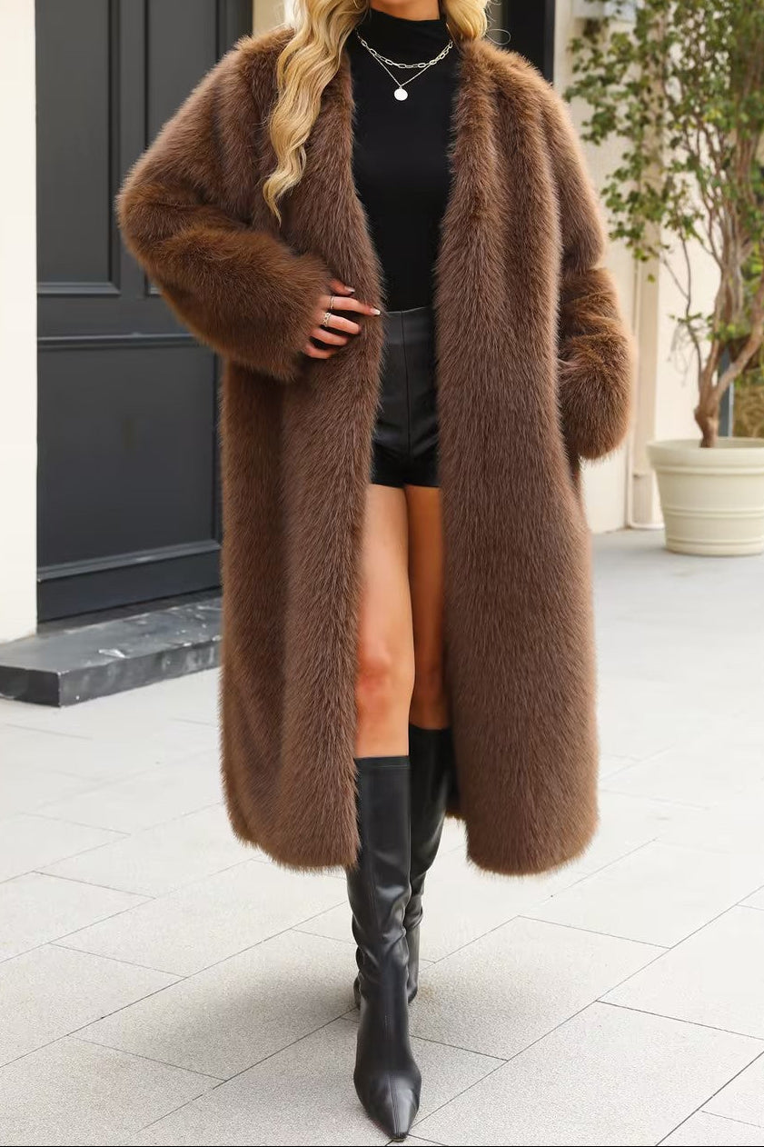 verna V-neck long imitation fur coat